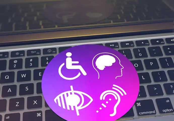 aufgeklappter Laptop mit Symbolen der Barrierefreiheit